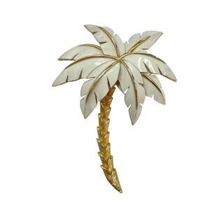Vintage Trifari Crown Logo Mark Gold Tone Palm Tree White Palm Leaf Brooch Pin
